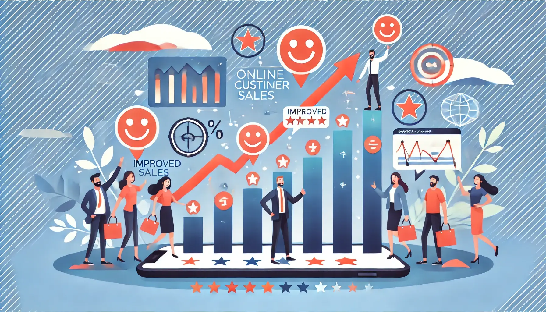 DALL·E 2025-03-02 17.53.08 - An illustration showing improved online sales and customer satisfaction, represented by rising graphs, happy customers, and positive feedback symbols
